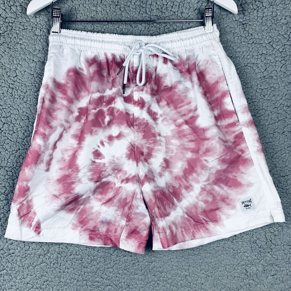 Spicy Tuna Mens Shorts S Swim Trunks Blush Tie Dye White Purple Lined Drawstring